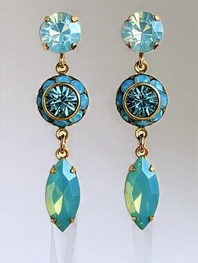Green Mint Pacific Opal Swarovski Crystal in Long Drop Earrings in Yellow Gold